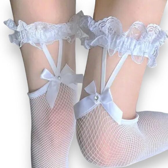 White Satin Bow Ruffle Garters Thigh High Belt Fishnet Stockings NEW - Picture 2 of 4